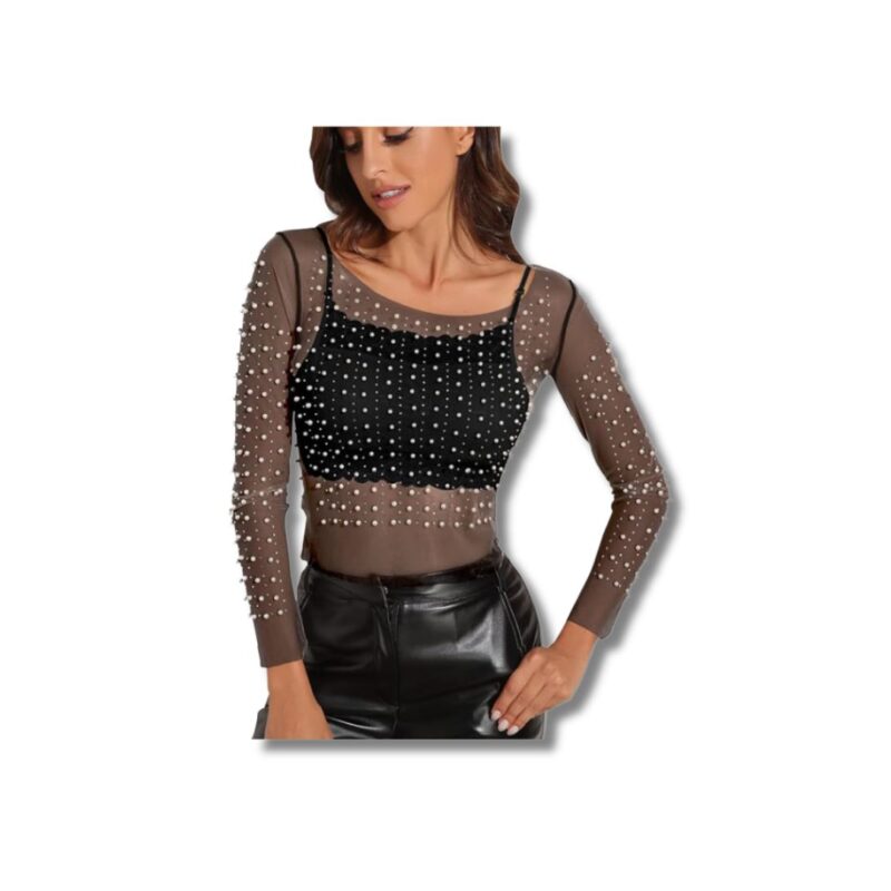 Pearl See Through Long Sleeve Crop Top
